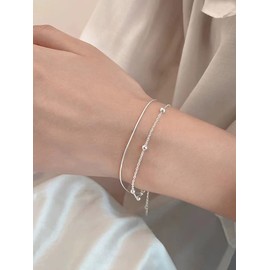 Silver Bracelet for Women Double Chain Bracelet Femme Adjustable Beads Bracelet Jewelry Mother's Day Birthday Gifts for Women Mom Wife Girls