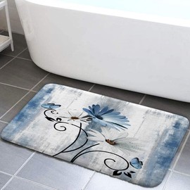 VeiVian Rustic Farmhouse Bath Mat, Farm Blue Daisy Floral Flowers Butterfly Country Wooden Bath Rug for Bathroom, Grey White Bath Mat Soft Non Slip Bath Rugs, 16X24IN