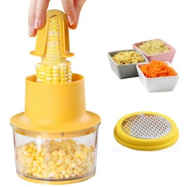 PreZiouz Corn Stripper, Multifunctional Corn Peeler From The Cob, 4 in 1 Corn Shucker Tool with Cup Container & Safety Handle & Grater, Quickly Remove Corn Kernels and No Splatters
