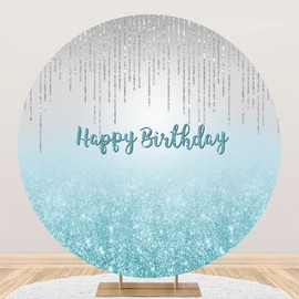 Laeacco 6.5x6.5ft Happy Birthday Round Backdrop Cover Polyester Shiny Silver Dripping Round Background Stand Cover for Photography Glitter Grey and Blue Round Backdrop Birthday Party Photo Booth Prop