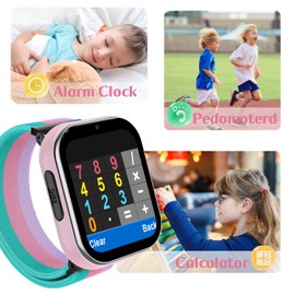 PTHTECHUS Smart Watch for Kids, 4G Smartwatch with Phone Call, SOS, Camera, Music Player, Learn Card, and Puzzle Games, Suitable for Boys and Girls Ages 4-12 Years Old Purple (Pink)