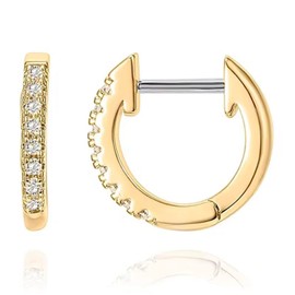 18K Gold Plated Sterling Silver Post Pave Cubic Zirconia Huggie Hoop Earrings for Women and Men (Yellow)