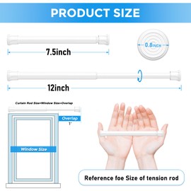2 Pack Small Spring Tension Curtain Rod 7 to 12 Inch, Thin DIY Tension Rods No Drill for Slim Window Cupboard Closet Sidelights, White
