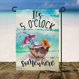 BLKWHT Summer Beach Garden Flag It's 5 O'Clock Somewhere Vertical Double Sided Tropical Fruit Coconut Burlap Yard Outdoor Decor 12.5 x 18 Inches A2152