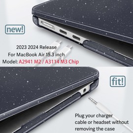 Lepeoac Compatible with MacBook Air 15 inch Case 2023 2024 Release A2941 M2 A3114 M3 Chip Retina Display Touch ID, Plastic Hard Shell Cover with Keyboard Cover, Star Sparkle Black