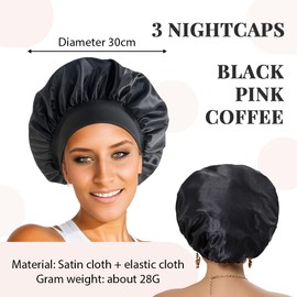 3 Stück Satin Bonnet, Nacht Schlafhaube,Satin Haarhaube, Wiederverwendbare Silk Bonnet Seidenhaube,Damen Mädchen Atmungsaktive Schlafkappe Duschhauben, Schwarz Rosa Kaffee