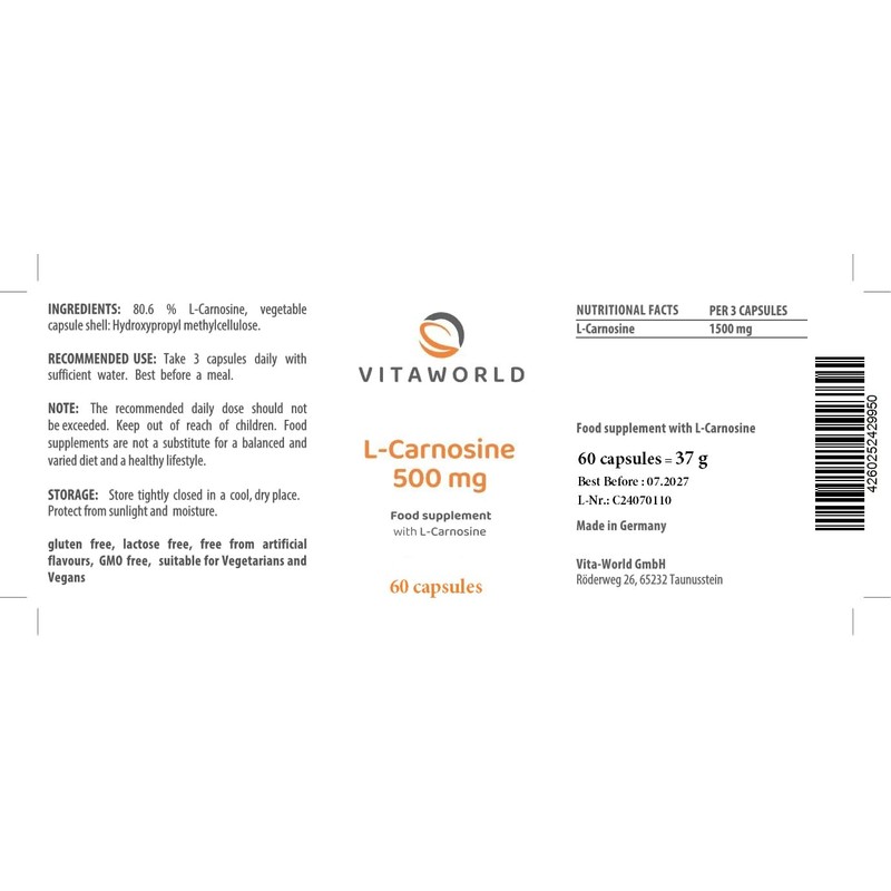 Vita World L-Carnosine 500mg 60 Capsules Made in Germany l