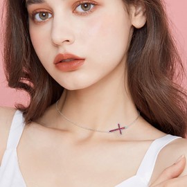 DAOCHONG S925 Sterling Silver Jewelry Sideways Cross Choker Necklace 14 inches to 18 inches, Metal, Created Opal, Silver-Created Opal