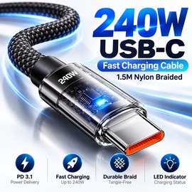 240W USB-C to USB-C Nylon Braided Charging & Data Cable with LED Display, 5A Max, Multiple Lengths