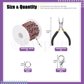 Swpeet 42Pcs 16 Ft/5M Silver Jewelry Chain 304 Stainless Steel Soldered Red Beaded Link Cable Chain Necklace Bulk with 10 Lobster Clasps, 30 Jump Rings, 4'' Pointed Nose Pliers for Jewelry Making