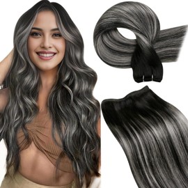 LaaVoo Weft Hair Extensions Human Hair Black Balayage 14 Inch Hand Tied Sew in Hair Extensions Black Ombre Silver Grey Human Hair Weft Extensions Brazilian Natural Hair for Black Women 80g