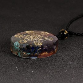 Orgone Metatron Cube Om Necklace, Chakra Crystal Stone for Healing Yoga Mediation, EMF Protection (Adjustable Rope)