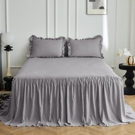 MR&HM Ruffle Skirt Bedspread Set 3 Pcs, Vintage Farmhouse Bed Coverlet, French Country Bedding, Ultrasoft Lightweight Stone-Washed Brushed Microfiber Bedspread (Full, Grey)