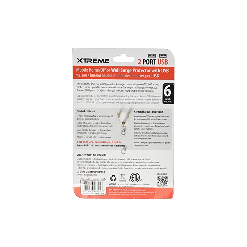 Xtreme 28621 6-Outlet Wall Tap with 2 USB Ports