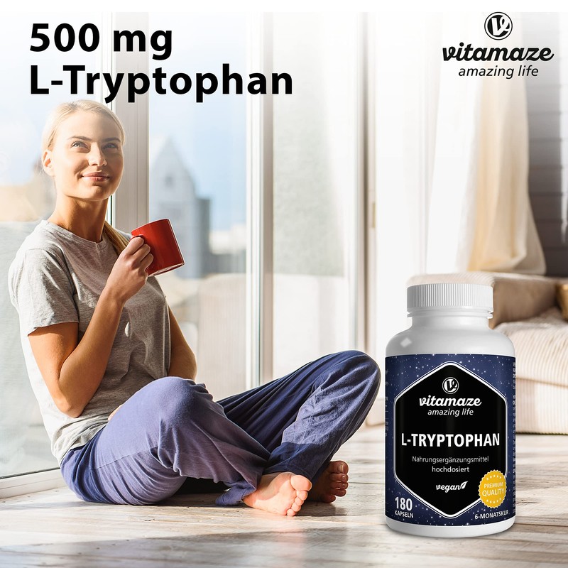 L-Tryptophan High Dose, 500 mg per Capsule, Vegan (Vegetable Fermented),