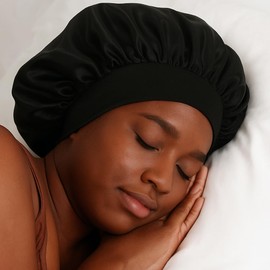 Unisex Satin Silky Sleep Bonnet with Elastic Wide Band – Large Black Hair Cap for Men & Women