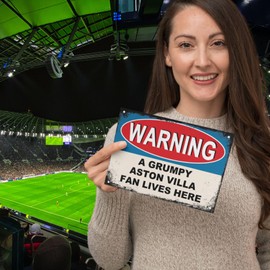 Aston Villa Gifts for Men - or Boys Funny AVFC Football Grumpy Fan Lives Here Metal Sign, Mens Metal Poster for Dads FC Man Cave or Home Bar Signs