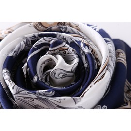 JWSilk Long Charmeuse Silk Fashion Scarf (Navy and White)