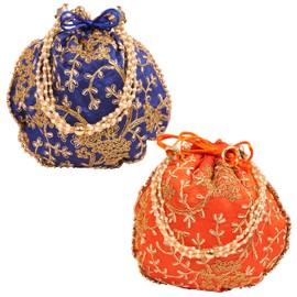Touchstone NEW Traditional Indian Hand Embroidered Floral Motif Shopping Gifts Jewelry Wedding Sweet Distribution Faux Pearls Strings Drawstring Fancy Blue Orange Color Bag Set Of 2 For Women.