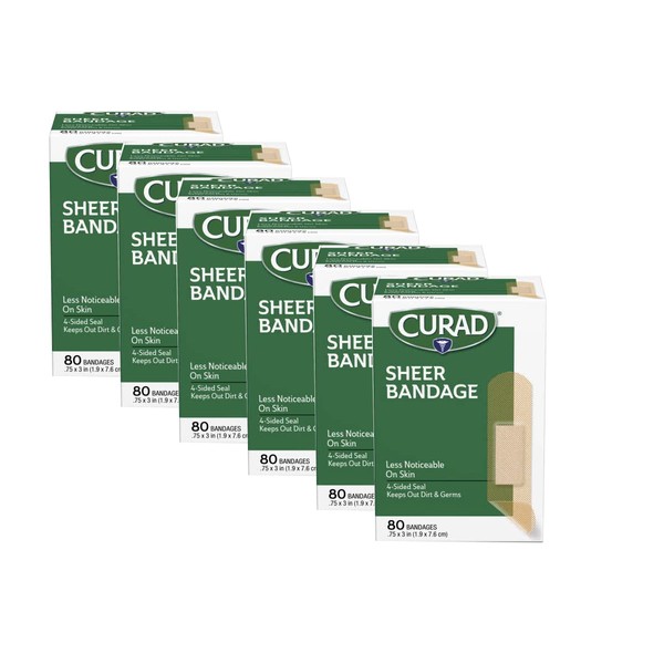 Curad Regular Size Adhesive Bandages, Sheer, 80-Count Boxes (Pack of 6)