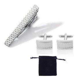 Cufflink and Tie Clip Set for Men – Stainless Steel Silver Cuff Links & Tie Bar – Formal Accessories for Business Shirts, Wedding, Anniversary – Gift Set for Men Daily or Formal Wear
