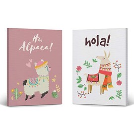 Smile Art Design Hi Alpaca and Hola Lettering Purple Background 2 Piece Canvas Print Set Kids Room Decor Wall Art Baby Boy and Girl Room Decor - Made in The USA (40x30) x2