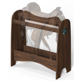 Vovamo Pine Wood Saddle Rack for Western/English Saddles, Classic Brown Curved Wave Designed Saddle Stand with Storage Shelf&Hook,Display for Living Room/Tack Room/Club, Equestrian Gift