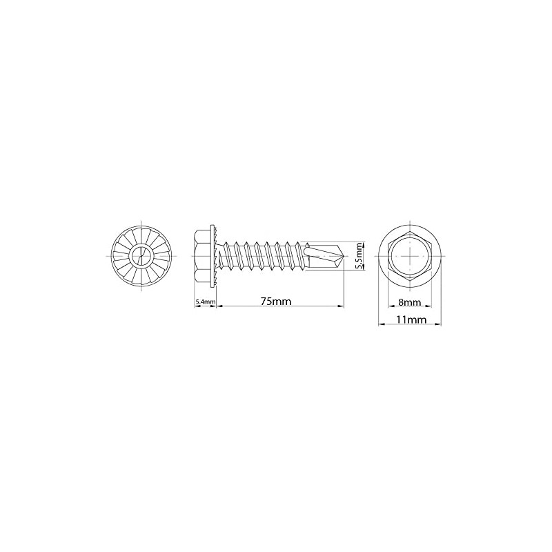 (5.5mm x 75mm) Self Drilling Screws Hexagon Serrated Washer Head
