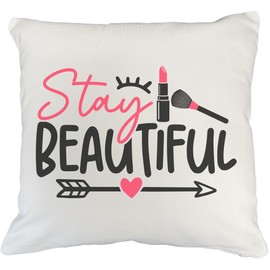 Girly Stay Beautiful Quote w/Eyelash, Lipstick, Powder Brush, Heart & Arrow Design - Beauty Themed Merch for Makeup Artist or Cosmetologist, Gift for Makeup Lovers, Pillow Cover, White 18X18 in