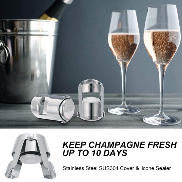 OWO Champagne Stopper with Stainless Steel, Professional Bottle Sealer for Champagne, Cava, Prosecco & Sparkling Wine, Champagne Saver Plug, Compact Champagne Bottle Plug Set of 2