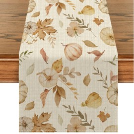 Maple Leaves Autumn Table Runner, Pumpkin Decorative Tablecloth, Table Decoration Autumn for Thanksgiving, Thanksgiving Party Decoration, Autumn Decoration (Beige, 40 x 180 cm)