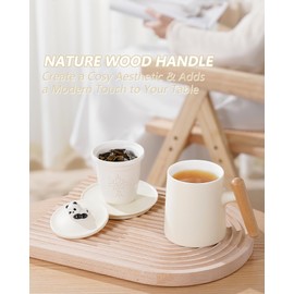ZENS Tea Mug with Infuser and Lid for Loose Leaf Tea Steeper, 11.8 oz Porelain Tea Cup for Hot Tea Diffusers, Wood Handle Tea Cup with Strainers and Coaster for Tea Lovers Gifts, White