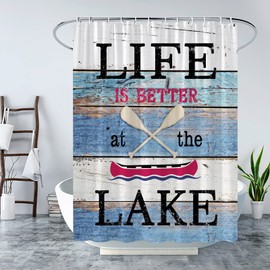 Rustic Lake Cabin Shower Curtain Lake House Camping Inspirational Quotes Vintage Wooden Board Lodge Barn Door Plank Country Lakeside Cottage RV Farmhouse Bathroom Curtain Decor Fabric with Hook