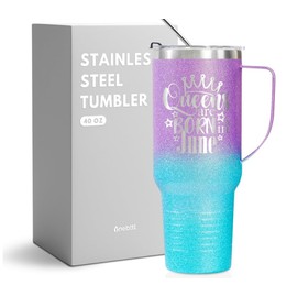 Onebttl Funny Birthday Gifts for Women, Her, Birthday Queen, 40 oz Tumbler with Handle, Glittery Purple and Teal Ombre, Queens are Born in June