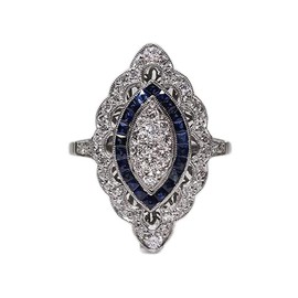 Koguxuix Fashion Jewelry Antique Edwardian Silver Blue Sapphire CZ Crystal Eye-Shape Ring Band for Women (Size 9)