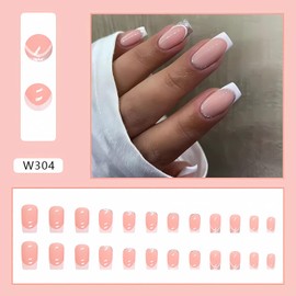 RIICFDD Square Press on Nails Medium Length Fake Nails French Tip Pink Acrylic Glue on Nails Sliver White Edge False Nails for Women and Girls Manicure Decorations, 24 Pcs