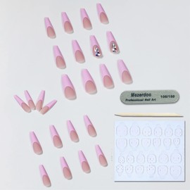 24pcs Nail Tips Long French Nude Pink Ballerina Flash Diamond Crystal Long Matacofin Fake Nail Press Fake Tips Manicure for Women and Girls