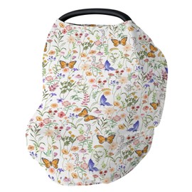 Vintage Wildflowers Butterflies Car Seat Cover for Babies Colorful Spring Blossoms Stretchy 5-in-1 Cover Adjustable Infant Carseat Canopy Cover Retro Wild Plant Breathable Nursing Cover-Up