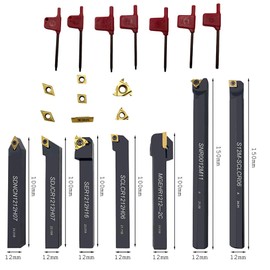 Indexable Lathe Turning Tool 1/2”12mm 7PCS Metal Lathe Tools+21PCS Carbide Inserts，Lathe Tools，Hard Alloy Cutting Tools and Blades Used for Thread Turning, Slotting, Cutting, and Boring +10pcs Screw