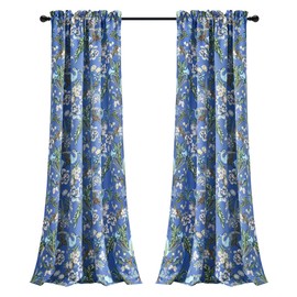 Lush Decor Dolores Light Filtering Window Panels, Pair, 52" W x 84" L, Blue & Green - Toile Curtains - Floral Bird Print - Grandmillennial & French Country Curtains - Cottage & Maximalist Home Decor