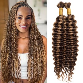 Human Braiding Hair Curly Human Hair Bulk for Braiding No Weft 20 Inch 100g Deep Water Wave Bulk Highlight Brown Human Hair Extensions for Boho Braids Wet and Wavy by Originea (#P4/27, 50gx2 bundles)