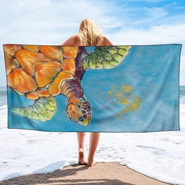 Violetpos Quick Drying and Lightweight Beach Towels, Beach Towel, Large, 90 x 180 cm, Quick-Drying Microfibre, Printed with Turtle, Ocean, Orange