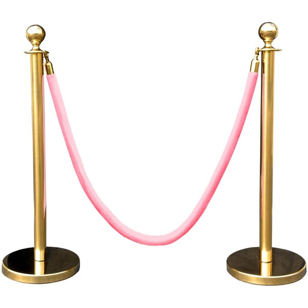 Gold Crown Top Decorative Rope Safety Queue Stanchion Barrier in 3 pcs Set, VIP Crowd Control (72" Pink Velvet)