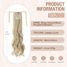 Qunlinta Ponytail Extension, Curly Pony Tails Hair Extensions Clip Ins Wrap Around Band Hair Pieces for Women Synthetic Soft Fake Ponytails Ash Blonde Mix Bleach Blonde