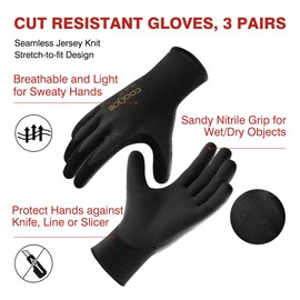 COOLJOB A3 Cut Resistant Safety Work Gloves for Men Women, Black Nitrile Coated Rubber Fishing Gloves Knife Proof, Touchscreen, Extra Hand Protection for Wood Cutting Carving, 3 Pairs Large