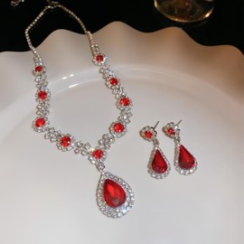 YOOMAIMU Elegant Crystal Teardrop Necklace and Earrings Jewelry Set, Emerald Green, Silver Tone (Red)