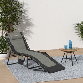 WKFAMOUT Outdoor Folding Lounge Chair Padded for Adults 264Ibs Patio Chaise Lounge Chair for Outside 5-Position Adjustable Reclining Beach Chair with Pillow Pocket