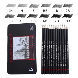 VAKRNY Set De 12 Lápices De Dibujo Profesional En Estuche Metálico, Escalas De Grafito 2h-8b Para Bocetos Y Sombreado, Kit Completo Para Artistas, Est