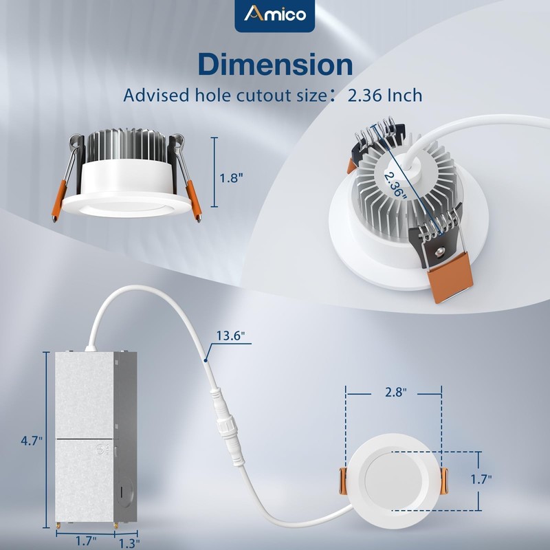 Amico 6 Pack 2 Inch 5CCT Ultra-Thin LED Canless Recessed