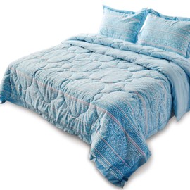 DOMDEC 3-Piece Quilted Comforter Set Washed Microfiber Shell Down Alternative Fill Stylish Ruffled Edge Machine Washable Hypoallergenic Bedspread (King Size + 2 Pillow Shams, Teal Blue)